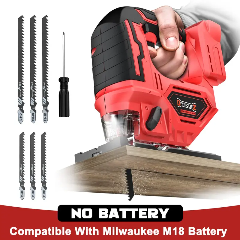 Cordless Jigsaw for Milwaukee M18 Battery(NO Battery!!), Brushless Jig Saw, 2900RPM, 0°-45°Bevel, 3 Action, LED Light for S...