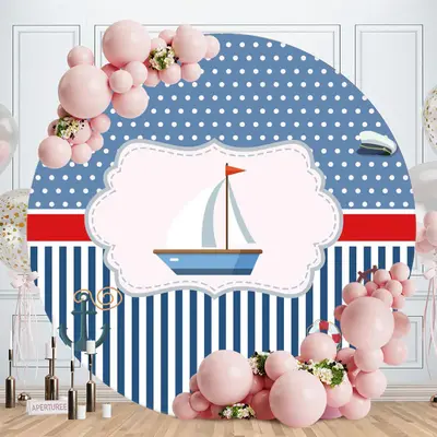 Aperturee Blue And White Boat Round Baby Shower Backdrop