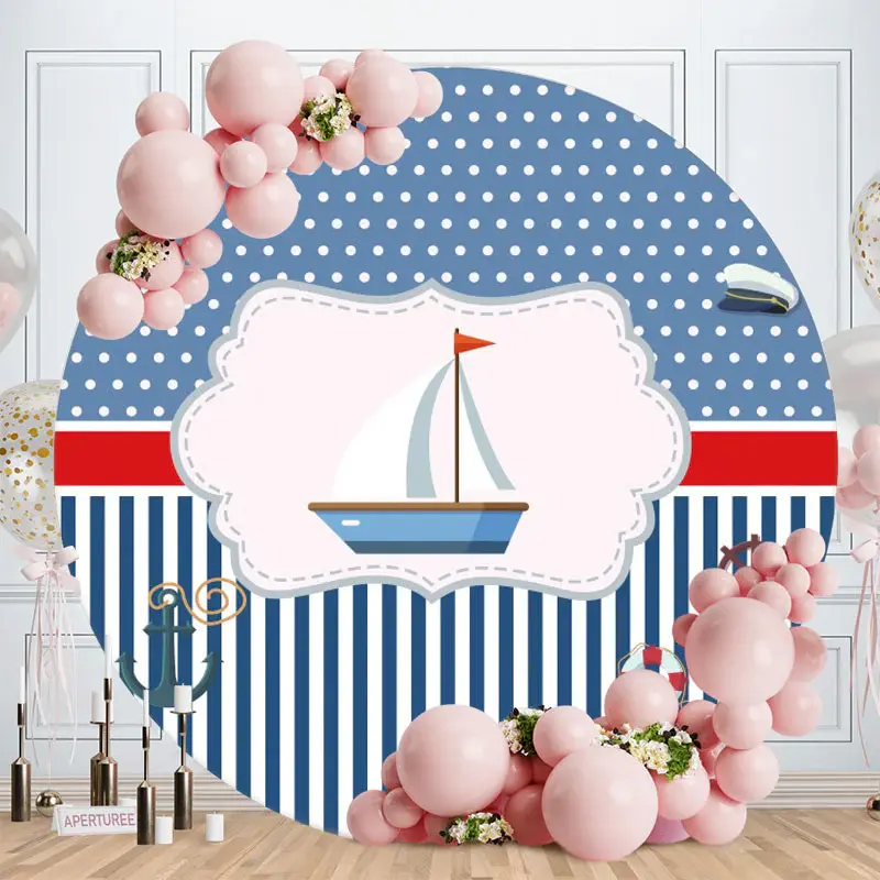 Aperturee Blue And White Boat Round Baby Shower Backdrop