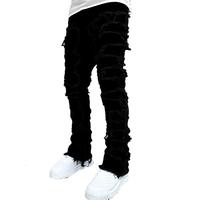 Men's denim pants with patchwork creative straight tube stretch street style denim pants, with pockets,Men's Casual Ripped Sk...