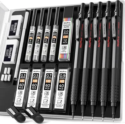 Nicpro Black Art Mechanical Pencil Set, 5Pack Metal Drafting 0.3, 0.5, 0.7, 0.9, 2mm Lead Holder (4B 2B HB 2H Colored) with 9...