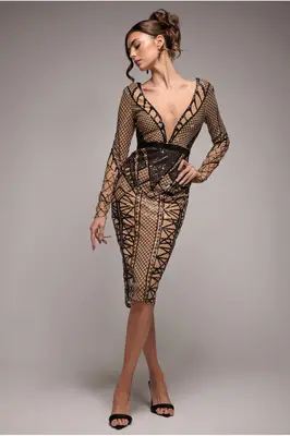 Goddiva Geometric Sequin Plunge Midi - Black