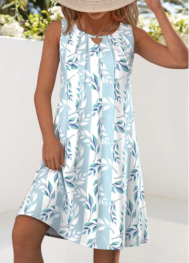 Modlily Light Blue Leaf Print A Line Sleeveless Dress - L