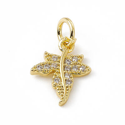 Brass Micro Pave Clear Cubic Zirconia Maple Leaf Charms