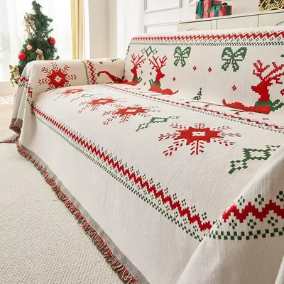 Christmas Reindeer Pattern Sofa Cover, 1 Count Holiday Decorative Cover Blanket, Multifunctional Sofa Cover Blanket for Home ...