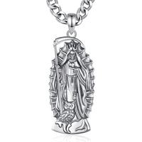 Santa Muerte Necklace, Spiritual Silver Grim Reaper Pendant With Cuban Chain, Mexican Saint Medallion, Holy Death Folk Amulet...