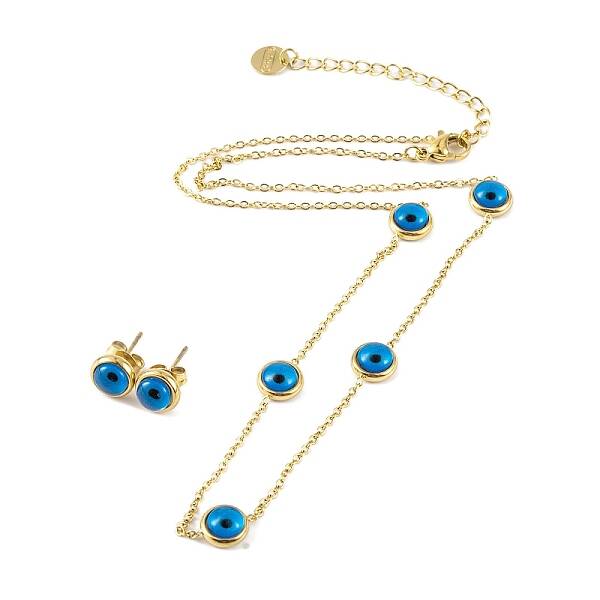 Ion Plating(IP) Evil Eye Resin Stud Earrings & Necklaces Sets