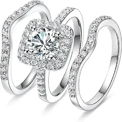 YSTT 1.5 CT Round Cut Classic Three-in-One 3 Pieces Set Halo Wedding Engagement Set Promise Eternity Ring for Women,The best ...