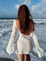 Women's Solid Color Backless Crochet Cover Up Dress, Regular Fit Casual Comfy Long Sleeve Boat Neck Cover Up Dress for Beach ...