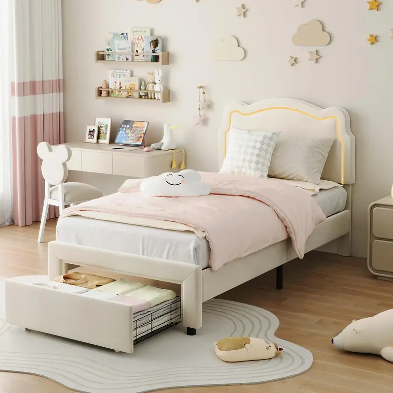 Garvee Kids Bed Frame with Drawer, Velvet Upholstered Platform Twin Bed Frame with Smart LED & Adjustable Headboard, No Box S...
