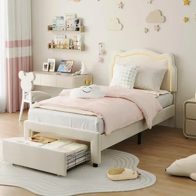 Garvee Kids Bed Frame with Drawer, Velvet Upholstered Platform Twin Bed Frame with Smart LED & Adjustable Headboard, No Box S...