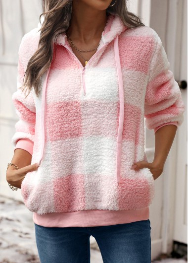 Modlily Pink Drawstring Plaid Long Sleeve Hoodie - XL