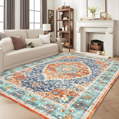Garvee Red & Blue 9x12 Area Rug - Stain Resistant Washable Rug, Non-Slip Backing, Low Profile, for Living Room, Bedroom, and ...
