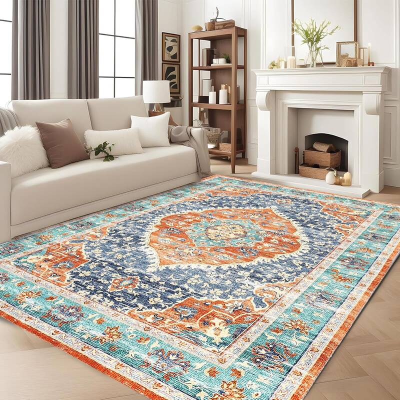 Garvee Red & Blue 9x12 Area Rug - Stain Resistant Washable Rug, Non-Slip Backing, Low Profile, for Living Room, Bedroom, and ...