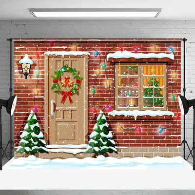 Red Brick Wall Door Window Snow Christmas Backdrop - Aperturee