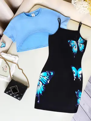 Girl's Butterfly Print Two-piece Set, Casual Fashion Short Sleeve Crop Top & Cami Dress for Daily Outdoor Wear, Kids Clothing...