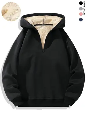 Men's Solid Thermal Lined Half Zip Hoodie, Casual Regular Fit Long Sleeve Hooded Sweatshirt for Fall, Men's Clothes for Daily...