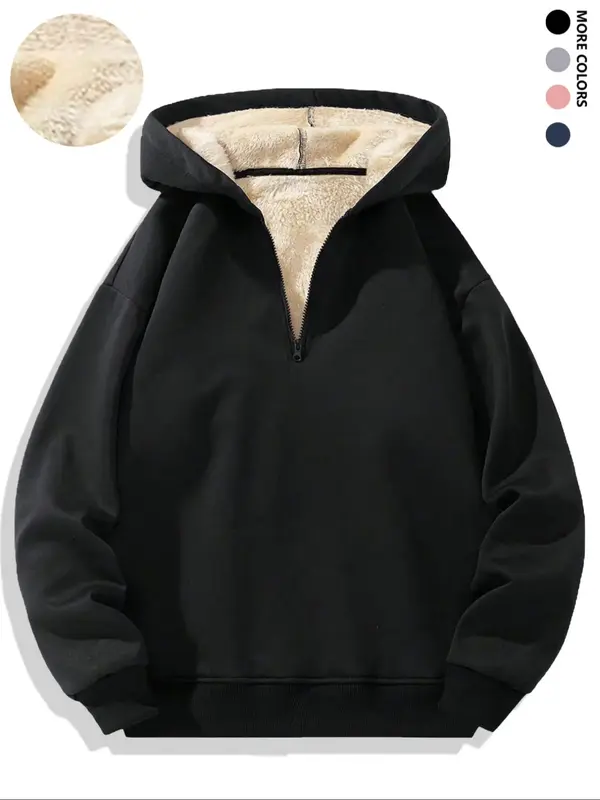 Men's Solid Thermal Lined Half Zip Hoodie, Casual Regular Fit Long Sleeve Hooded Sweatshirt for Fall, Men's Clothes for Daily...