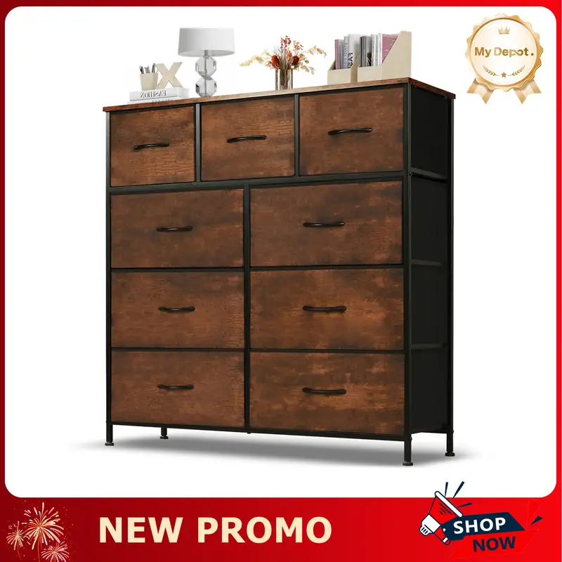 [Deal] Dresser for Bedroom with 9 Drawers, Clothes Drawer Fabric Closet Organizer Cabinet, Large Chest Storage Tower with Met...
