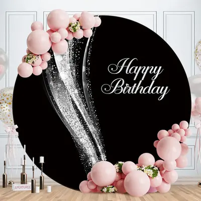 Aperturee Glitter Silver And Black Happy Birthday Circle Backdrop | Round Backdrop Fabric Cover | Round Backdrop Cover Diy | ...