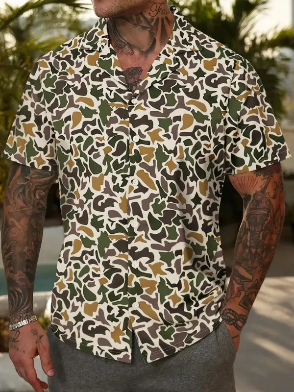 Men's Camo Print Cuba Collar Shirt, Regular Fit Short Sleeve Button Up Top for Summer, Fashion Men's Button Collared Top for ...