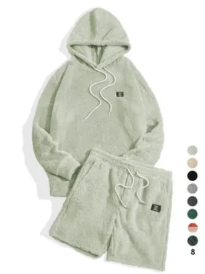 Two-piece Set Men's Letter Patched Drop Shoulder Hoodie & Drawstring Waist Shorts Set, Casual Fashion Cozy Regular Fit Outfit...
