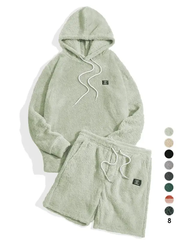 Two-piece Set Men's Letter Patched Drop Shoulder Hoodie & Drawstring Waist Shorts Set, Casual Fashion Cozy Regular Fit Outfit...