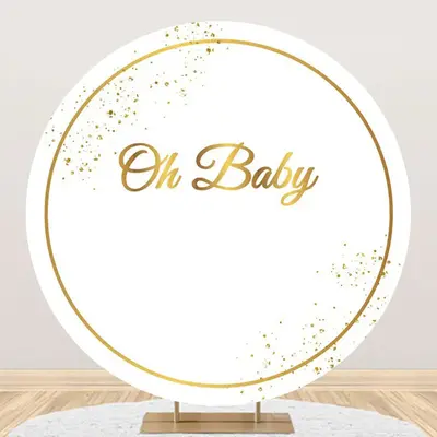 Oh Baby White Gold Round Backdrop For Gender Reveal - Aperturee