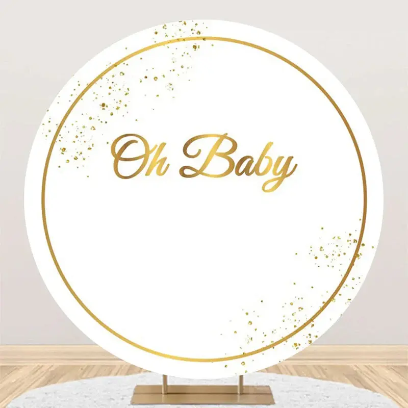 Oh Baby White Gold Round Backdrop For Gender Reveal - Aperturee
