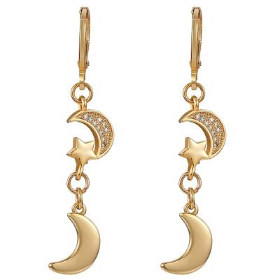 Clear Cubic Zirconia Moon and Star Dangle Leverback Earrings