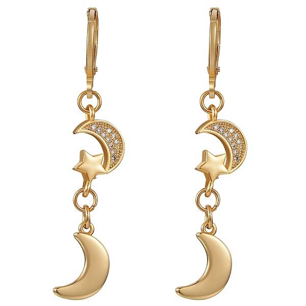 Clear Cubic Zirconia Moon and Star Dangle Leverback Earrings