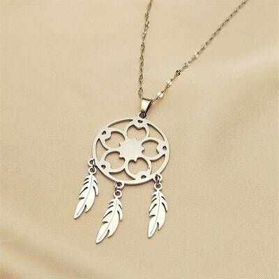 Non-Tarnish Woven Net/Web with Feather 304 Stainless Steel Boho Pendant Necklaces for Women
