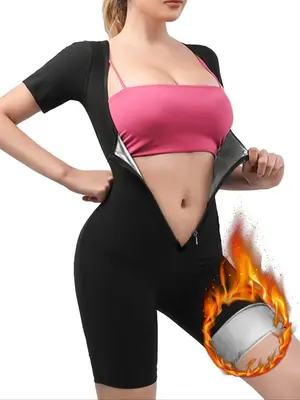 Women's Plain Zip Front Sports Shapewear Romper, Summer Clothes, Sporty Tight-fit Tummy Control Short Sleeve Shapewear Jumpsu...