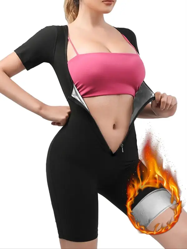 Women's Plain Zip Front Sports Shapewear Romper, Summer Clothes, Sporty Tight-fit Tummy Control Short Sleeve Shapewear Jumpsu...