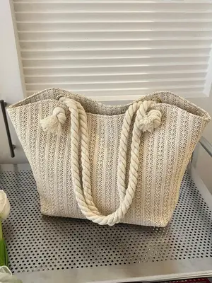 Women's Solid Color Straw Tote Bag, Large Shoulder Bag for Daily, Summer 2024 Trendy Versatile High-quality Daily Commuting...