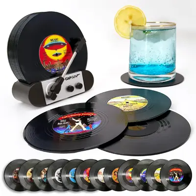 Record Shaped Coasters, 1 Set Non-slip Retro Vinyl Record Coffee Cup Mat with Holder, Table Decoration for Home Office Dinin...