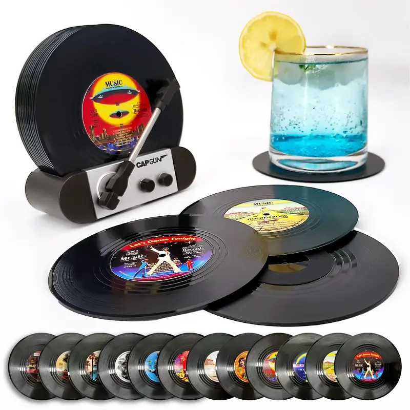 Record Shaped Coasters, 1 Set Non-slip Retro Vinyl Record  Coffee Cup Mat with Holder, Table Decoration for Home Office Dinin...
