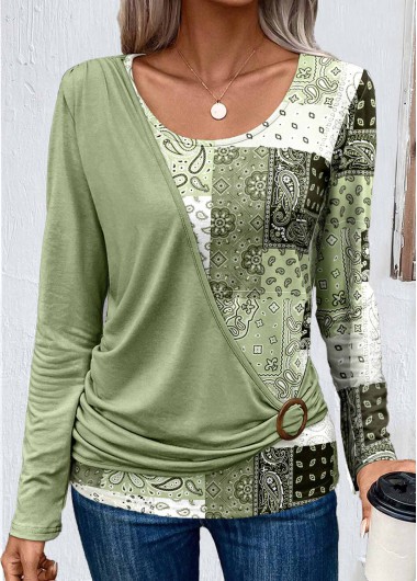 Modlily Light Green Asymmetry Patchwork Long Sleeve T Shirt - L