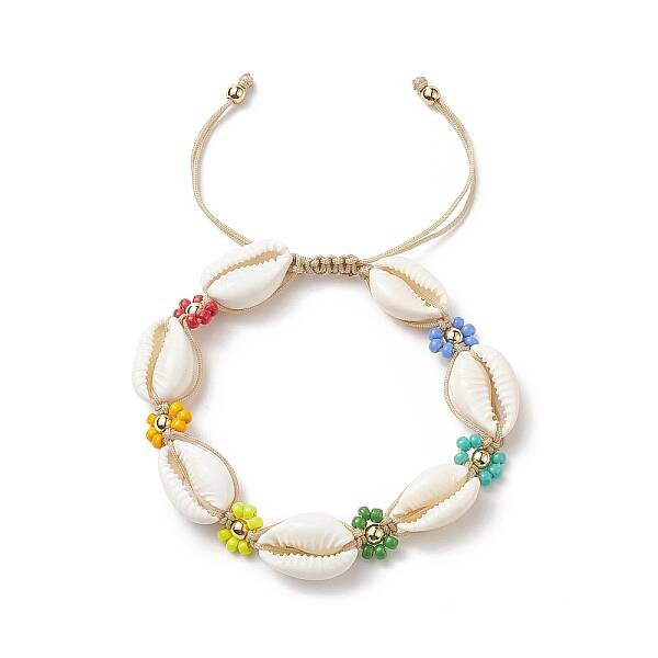Natural Cowrie Shell & Glass Seed Flower Braided Bead Bracelets for Women