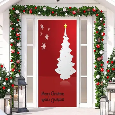 Red Xmas Tree Snowflake Merry Christmas Door Cover - Aperturee