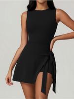 Women's Solid 2 in 1 Knot Front Split Thigh Sports Romper, Casual Comfy Sleeveless Skinny Romper for Swinging Plate Gym Ladie...