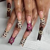 Leopard & Flower Pattern Fake Nails with Nail File & Tape, 24pcs/set Long Square False Nails for Women & Girls DIY Nail Art, ...