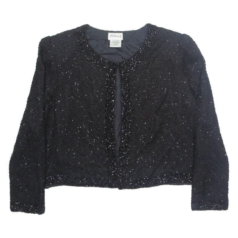 STENAY Womens Printed Blouse Black Button Neck Long Sleeve Silk M