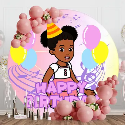 Round Musical Balloons Girl Happy Birthday Backdrop - Aperturee