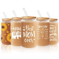 Sandjest Clear 16oz Glass Cup with Bamboo Lid & Straw, Iced Coffee Drinking Mug, Drinkware for Home Office, Mother's Day Chri...