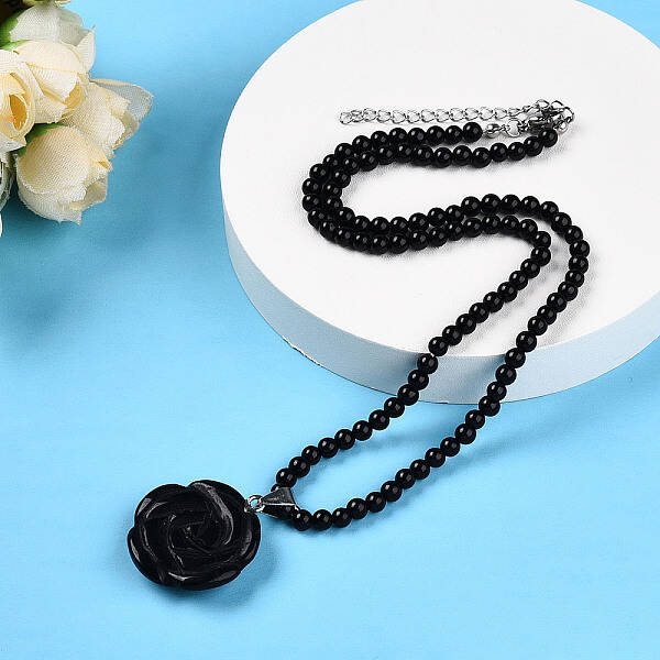 Natural Obsidian 4.5mm Round Beaded Flower Pendant Necklaces