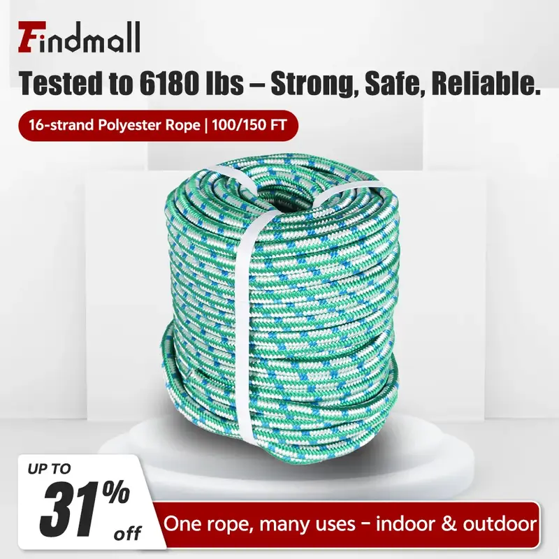 tools and gadgets for him findmall Outdoor use 1/2 Inch 16 Braid multifunctional Polyester Rope 100/ 150 FT Green White Blue/...