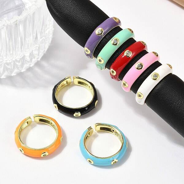 Brass Micro Pave Clear Cubic Zirconia Enamel Cuff Rings for Women