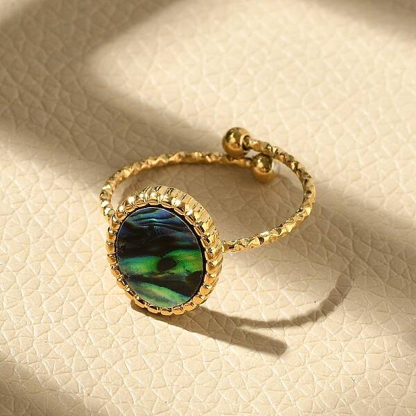 Oval 304 Stainless Steel Paua Shell Cuff Rings for Women
