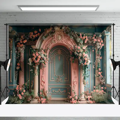 Vintage Luxury Green Pink Wall Floral Photo Backdrop